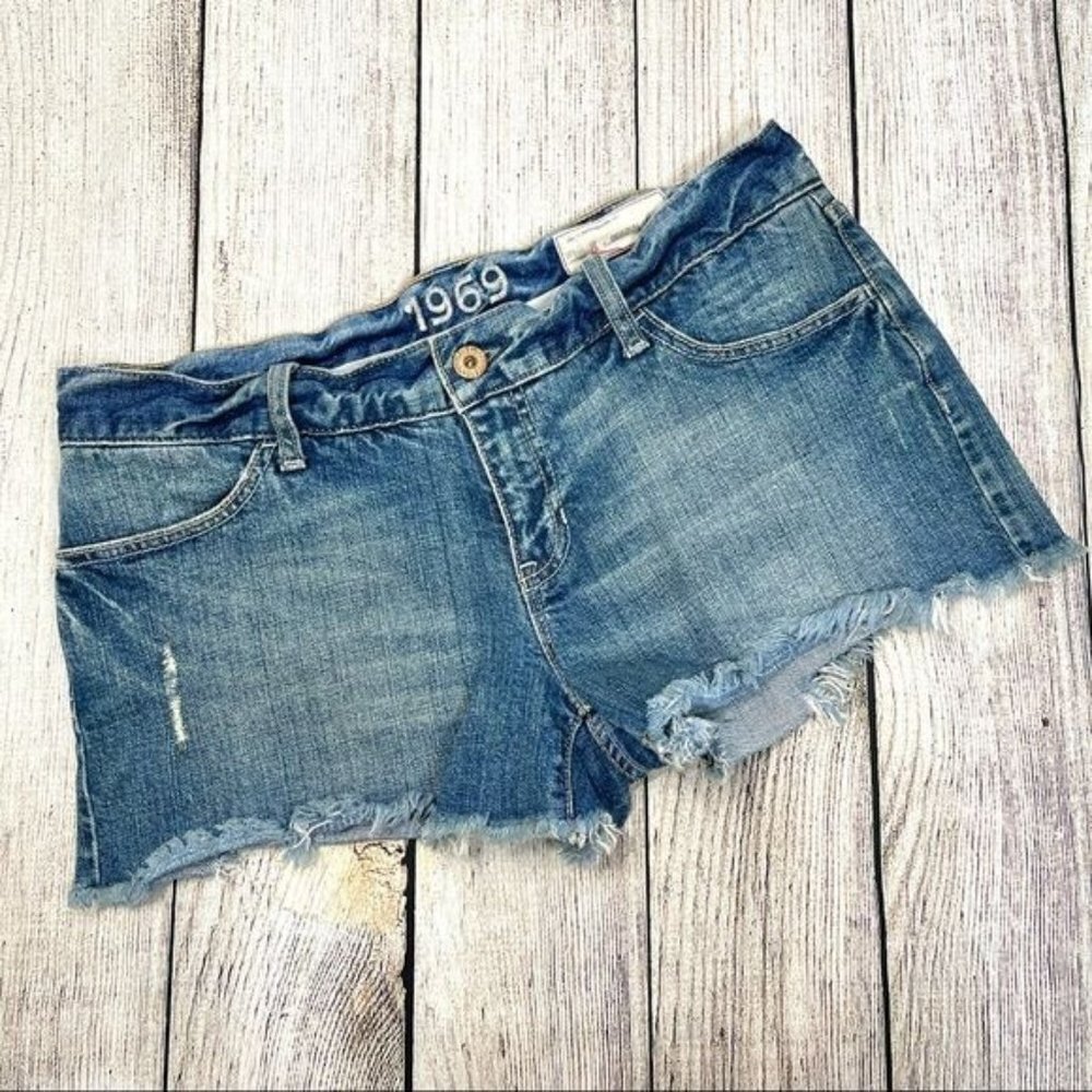 1969 Distressed Blue Denim Jean Shorts Frayed Hems